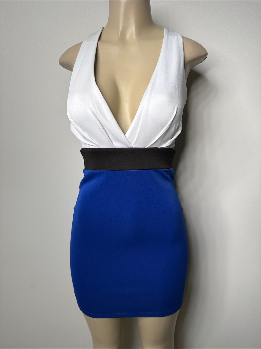 Colorblock Plunge Mini Dress in White, Black & Royal Blue